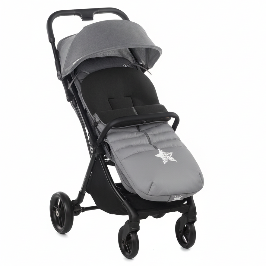 Gray stroller with matching footmuff on a white background