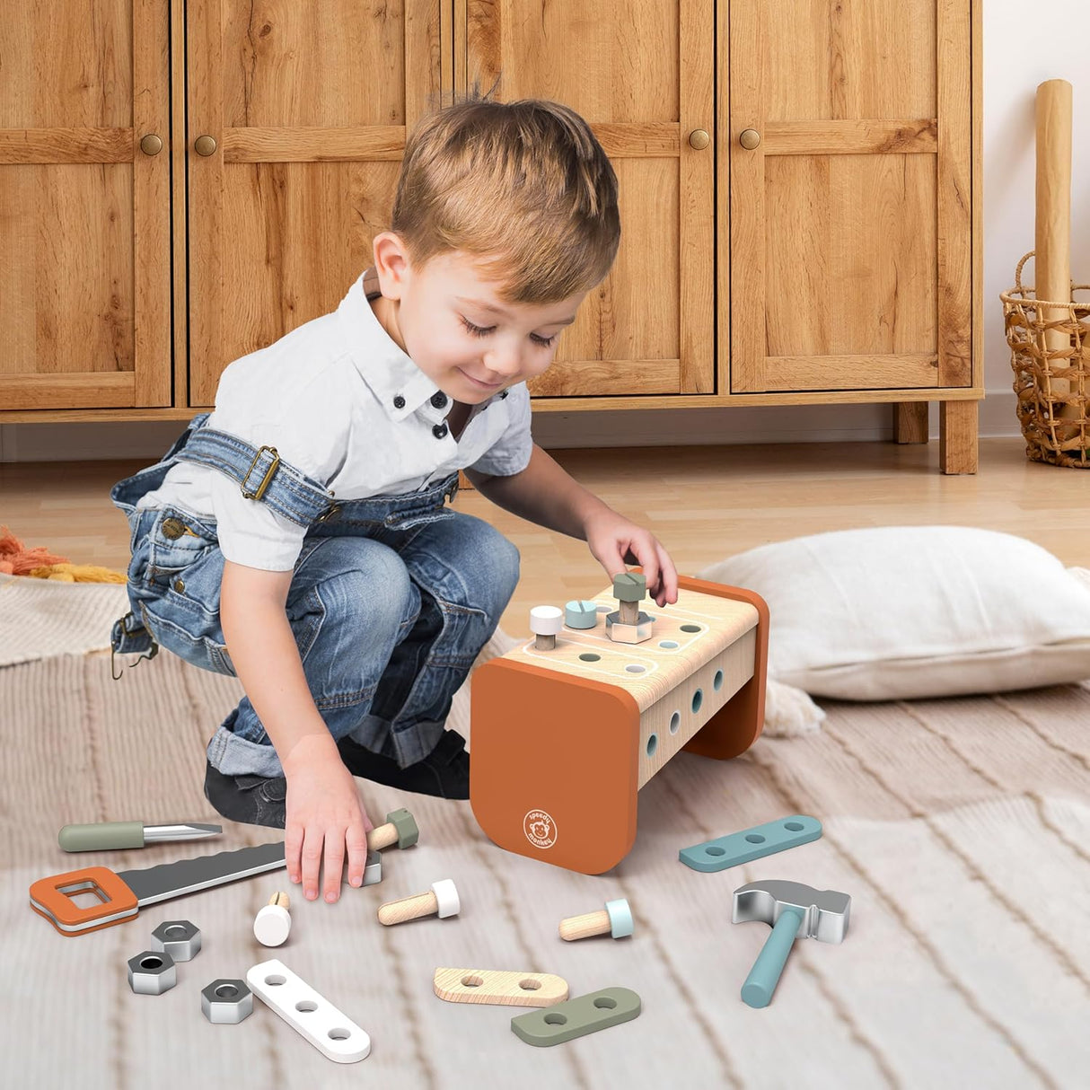 Speedy Monkey Wooden 2-in-1 Toolbox & Workbench with Accessories – Compact DIY Playset for Kids