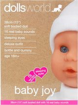 Dolls World Baby Joy, 38cm Soft Bodied Doll with Sleeping Eyes, Outfit, and 16 Interactive Sounds