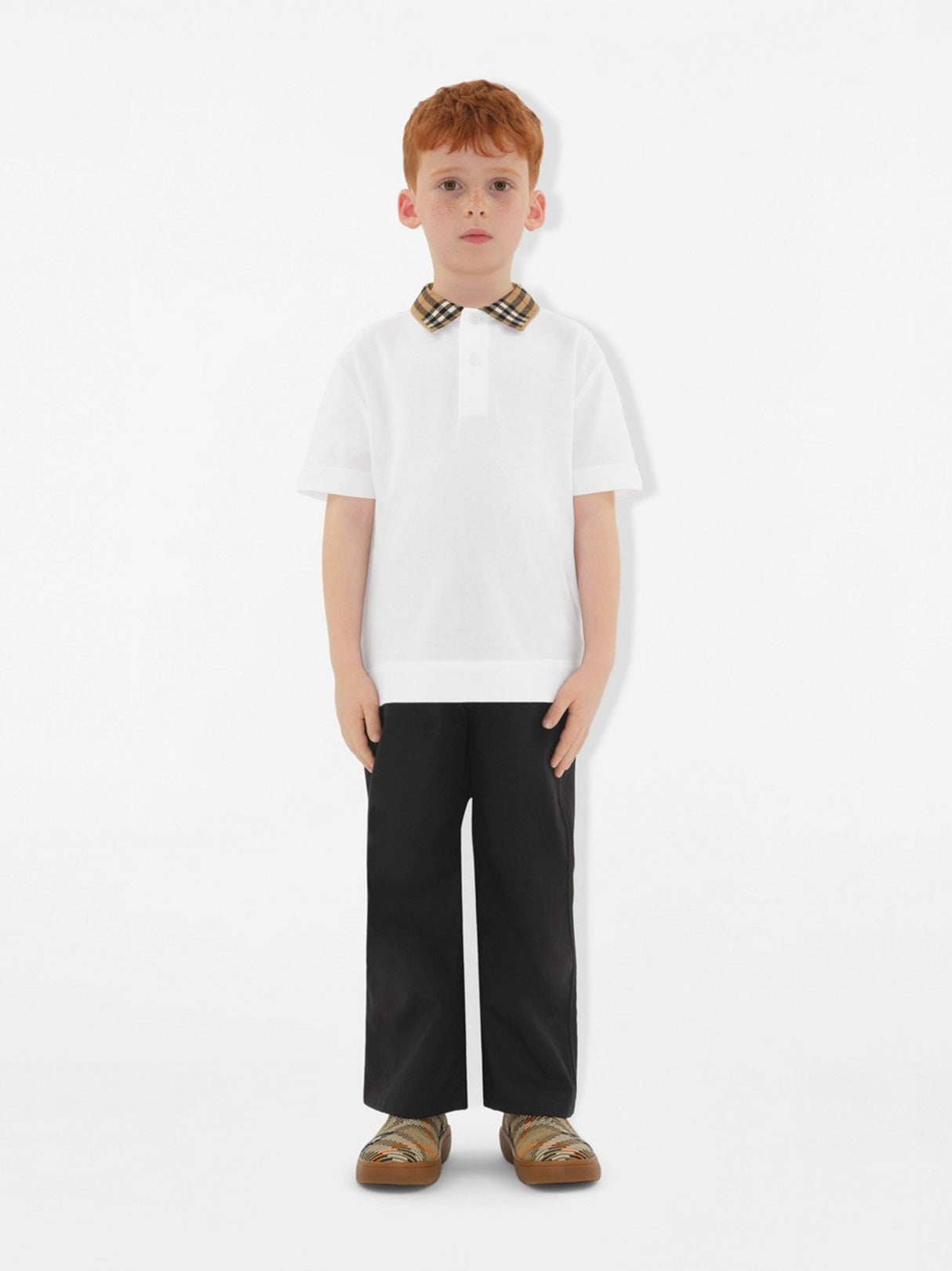 Burberry Boys Johane Check Collar Polo Shirt in White