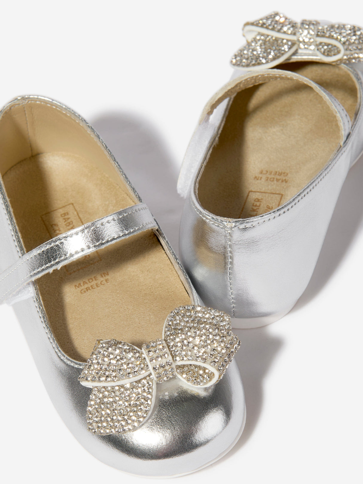 BABYWALKER Girls Leather Crystal Bow Ballerinas in Silver