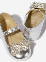 BABYWALKER Girls Leather Crystal Bow Ballerinas in Silver