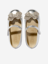 BABYWALKER Girls Leather Crystal Bow Ballerinas in Silver