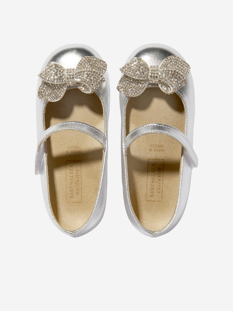 BABYWALKER Girls Leather Crystal Bow Ballerinas in Silver