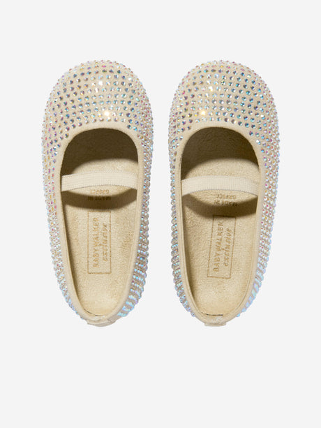 BABYWALKER Girls Suede Swarovski Crystals Allover Ballerinas in Beige