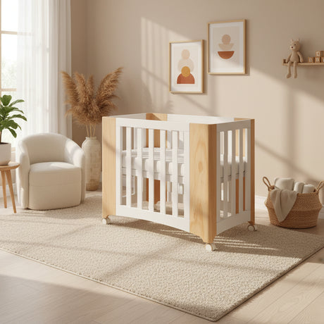 Wooden crib with white sides on a white background