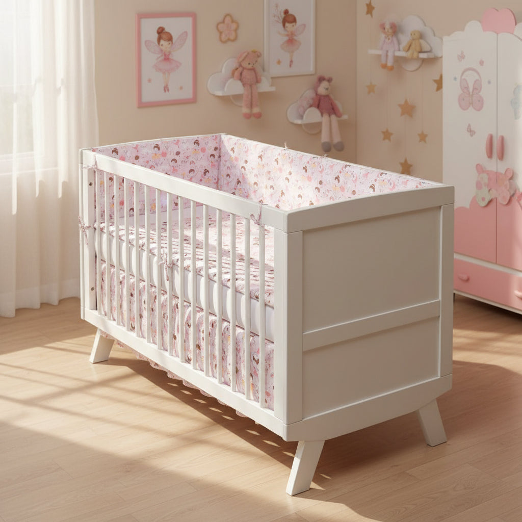 Baby crib with pink and brown patterned bumper and white mattress.