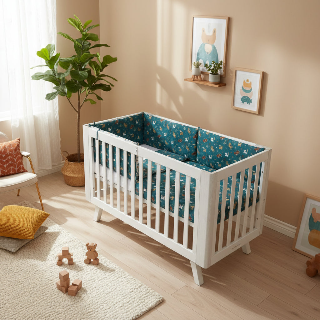 White crib with teal fitted sheet and patterned bumper pad on a white background
