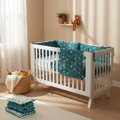 Crib with teal crib sheet featuring animal pattern and matching pillow on white background