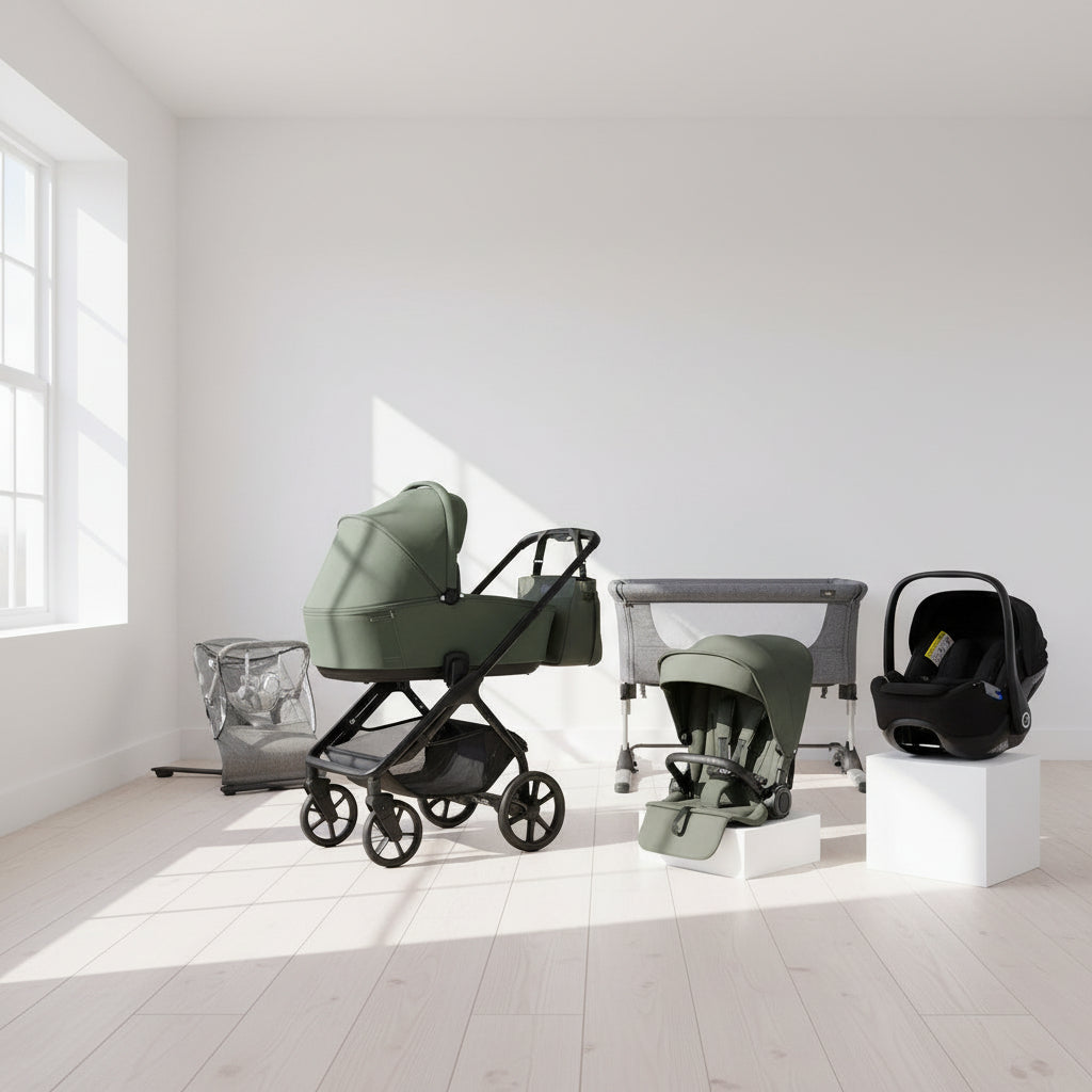Collection of baby products including a stroller, car seat, and bassinet on a white background.