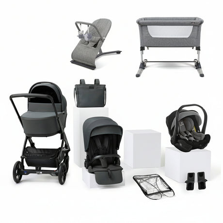 Collection of baby products including a stroller, car seat, bassinet, and more on a white background.