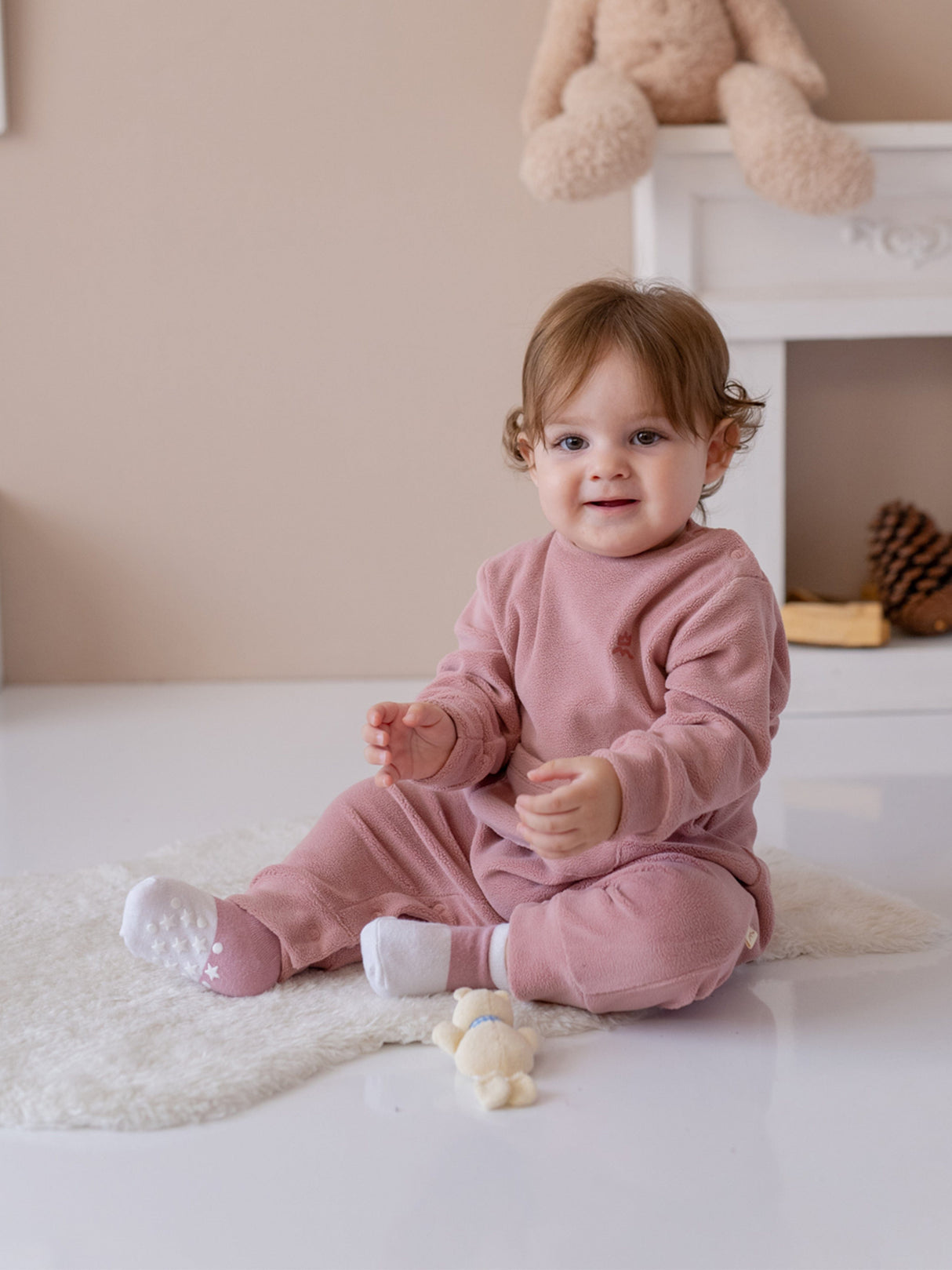 Mininio Baby Girls Cotton Fleece Romper in Pink