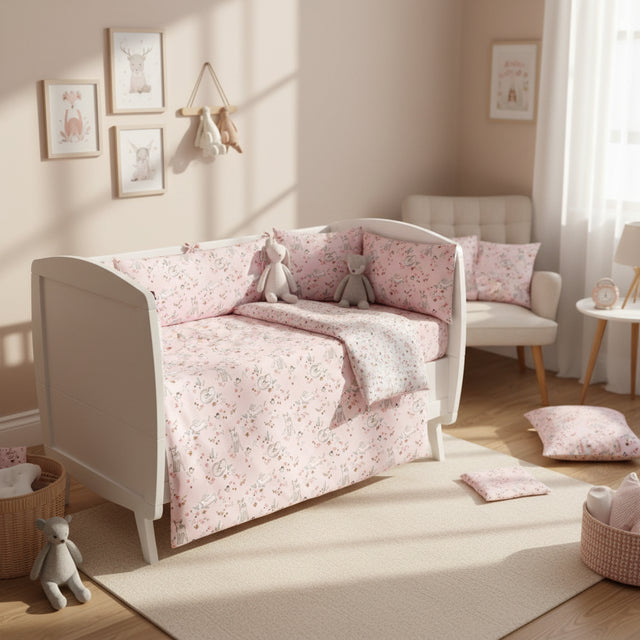 Floral patterned blanket with small animal design on a pink background