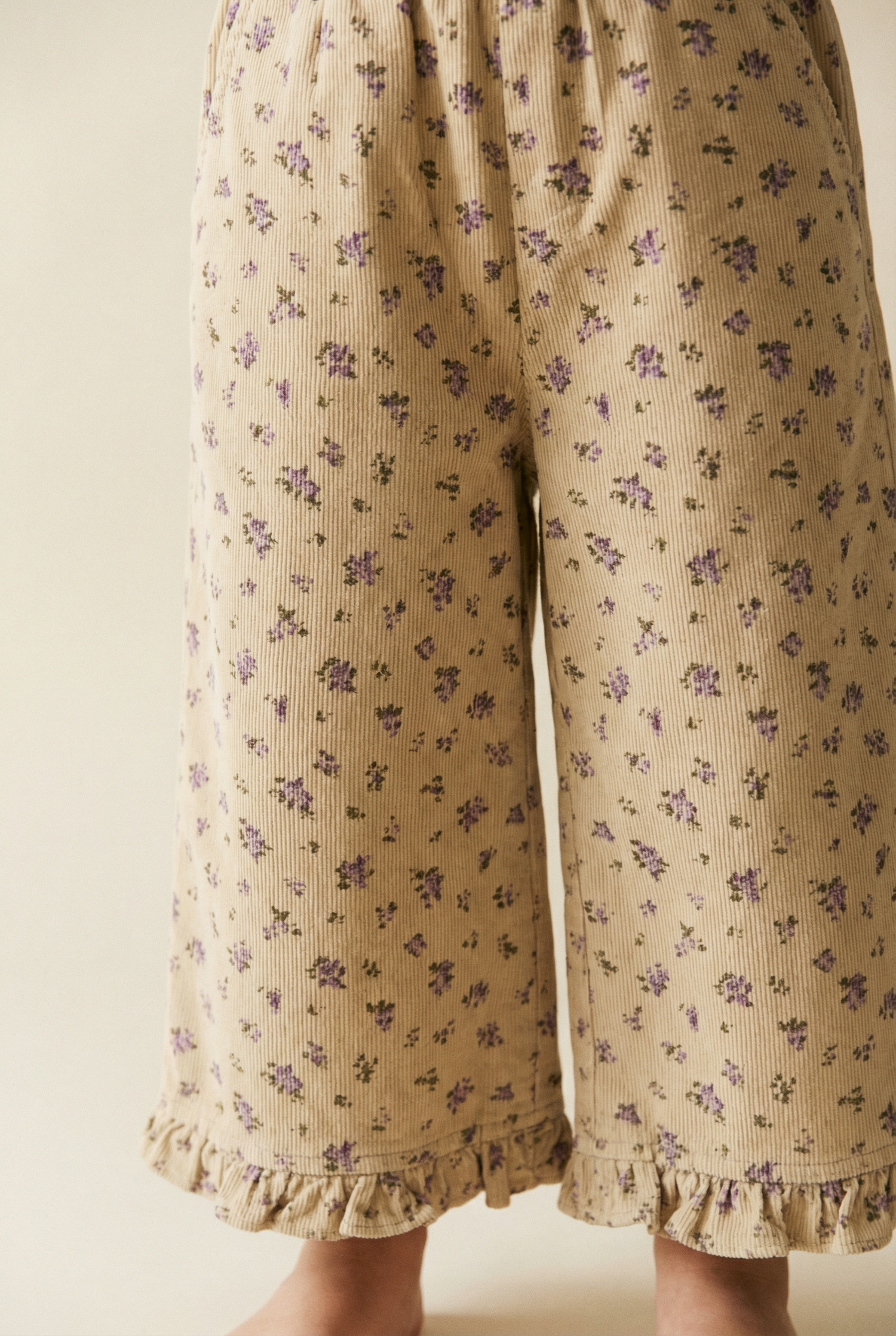 Beige Floral Corduroy Ruffle Hem Trousers