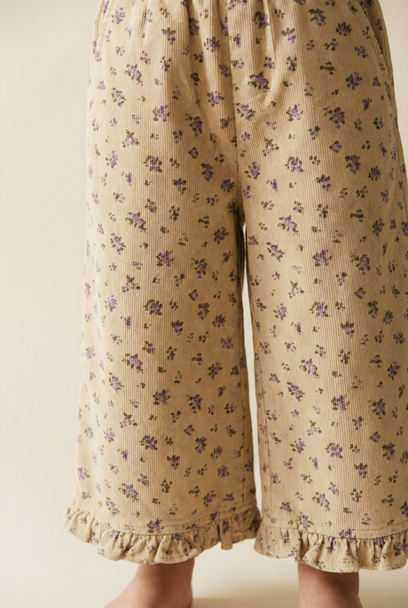 Beige Floral Corduroy Ruffle Hem Trousers