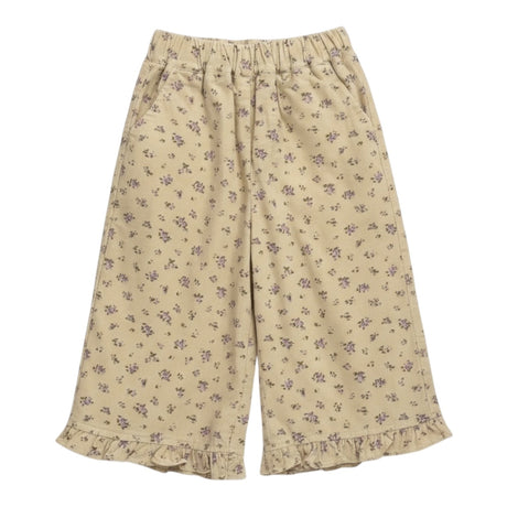 Beige Floral Corduroy Ruffle Hem Trousers