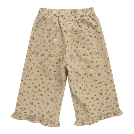 Beige Floral Corduroy Ruffle Hem Trousers