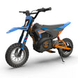 Children's dirt bike with blue and orange design on a white background