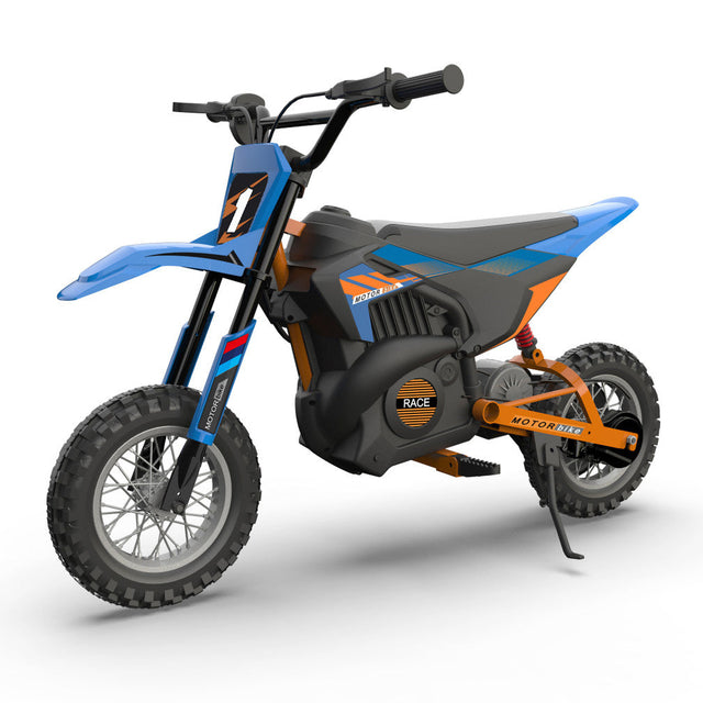Children's dirt bike with blue and orange design on a white background