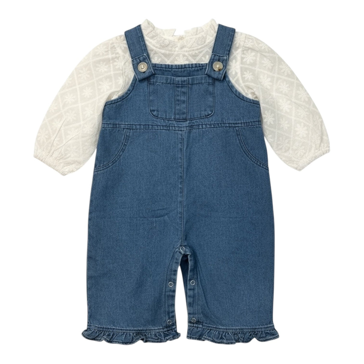 Embroidered Blouse & Denim Dungaree Set