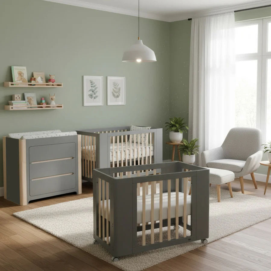 Cocoon Evoke 4 in 1 Nursery Furniture System – Bassinet, Cot, Toddler Bed & Sofa, Dove Grey / Natural Wash