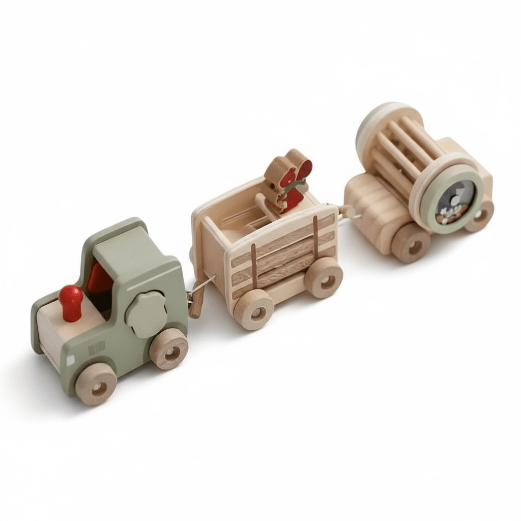 Wooden Tractor & Trailer Play Set – Neutral Farm Toy with Detachable Rattle Drum