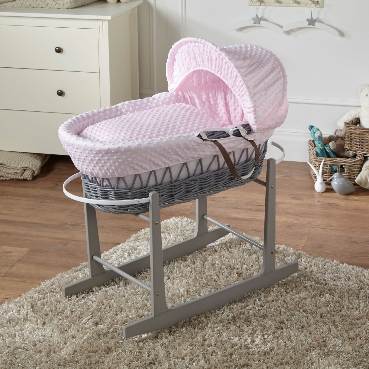 Pink Dimple Grey Wicker Baby Moses Basket With Stand