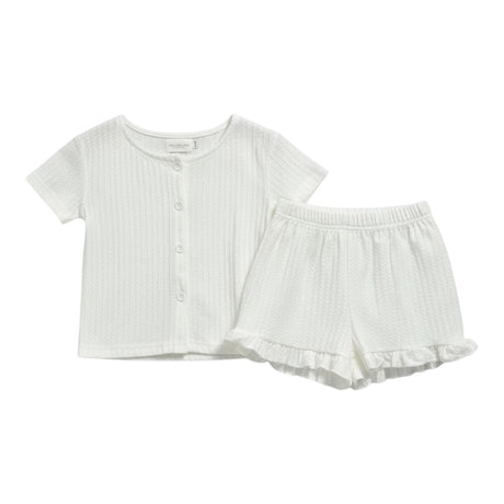 White Ribbed Ruffle Hem Button Top & Shorts Set